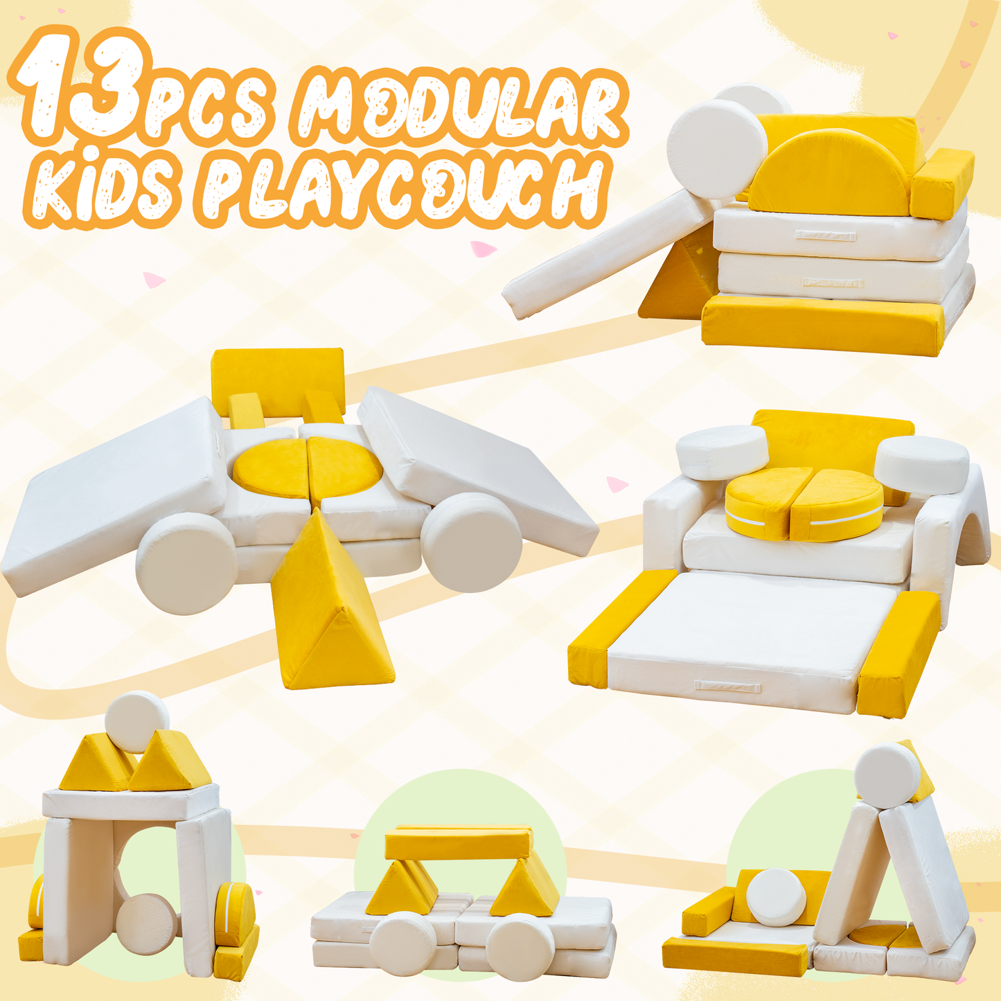 Baxluxe 13PCS Modular Kids Play Couch with Washable Velvet Cover, Modular Couch for Boys and Girls, Convertible Foam and Floor Cushion for Nursery Playroom