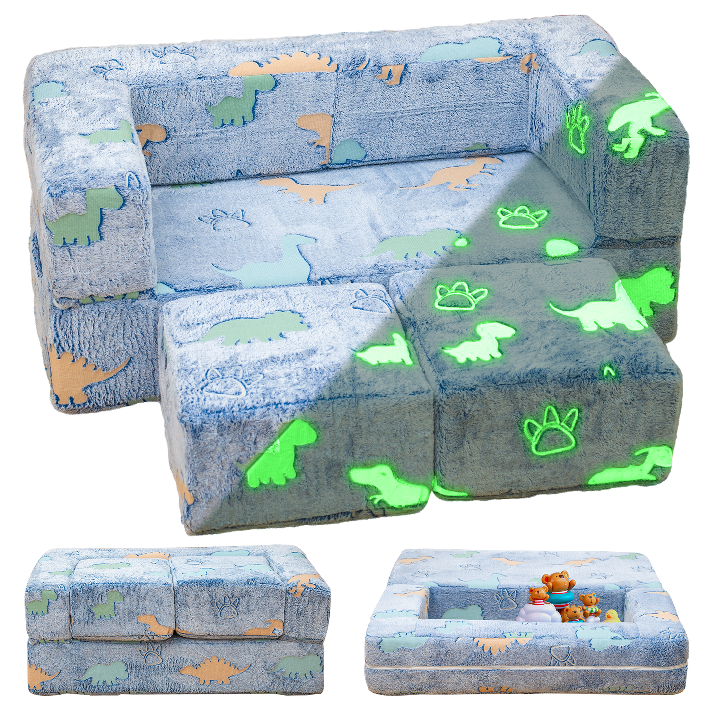 Baxluxe 4Pcs Modular Couch Kids Fort Glow in the Dark,Large Modular Couch Kids Glow in the Dark,Modular Kids Toddler Play Couch,Convertible Modular Couch Kids for Playroom