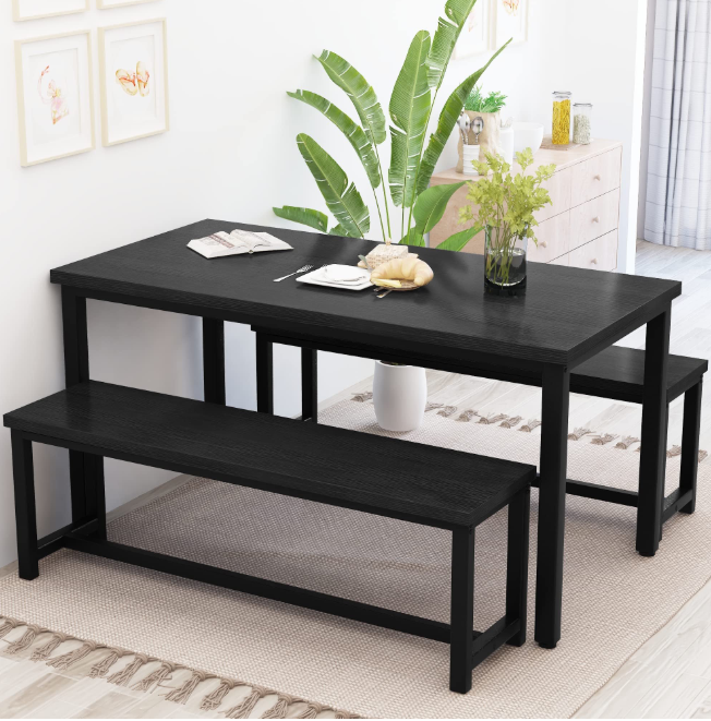 Baxluxe 3 Piece Dining Table Set with Benches, Particleboard/Iron, Black