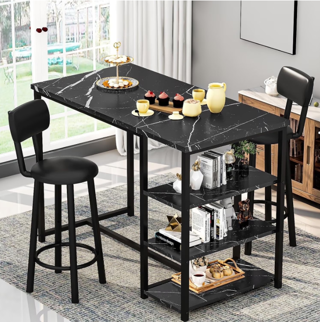 Baxluxe 2-person dining table set, modern bar table set with wine rack, counter-height dining table set, suitable for kitchens, apartments, and bars - black