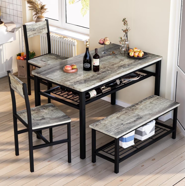 Baxluxe 4 Pieces Kitchen Table Set, Industrial Dining Table with 2 Chairs and Bench, Storage Racks, Space-Saving Table Set for Small Space, Apartment, Living-Room, Restaurant, Grey