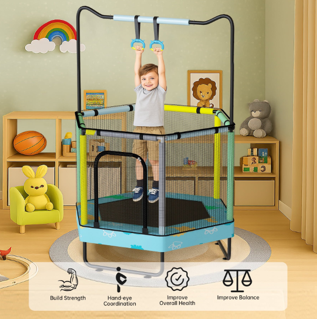 Baxluxe Toddler Trampoline with Enclosure, 440 lbs Indoor Outdoor Mini Trampoline with Adjustable Gymnastics Bar, Basketball Hoop and Toys, No-Gap Trampoline for Ages 3-8