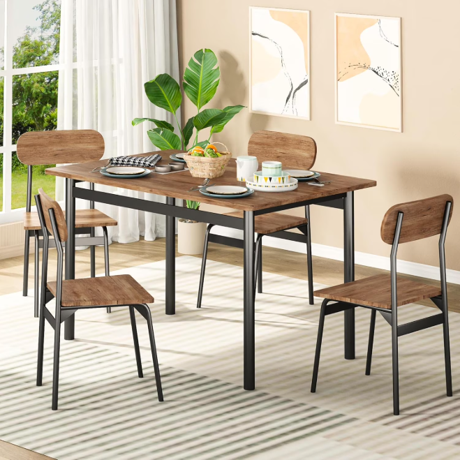 Lamerge 4 Person Dining Table Set, Wooden Dining Table 5 Piece Set with 4 Oak Metal Frame Chairs, Space Saving, Suitable for Apartments, Small Spaces, Kitchens, Breakfast Corners, Espresso Wood