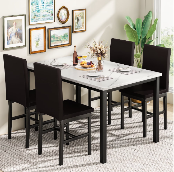 AWQM 5-Peice Dining Table Set, Faux Marble Dining Room Table and Chairs Set, Rectangle Kitchen Table Set with Durable Metal Frame and Upholstered Chairs, for Dining Room, Kitchen