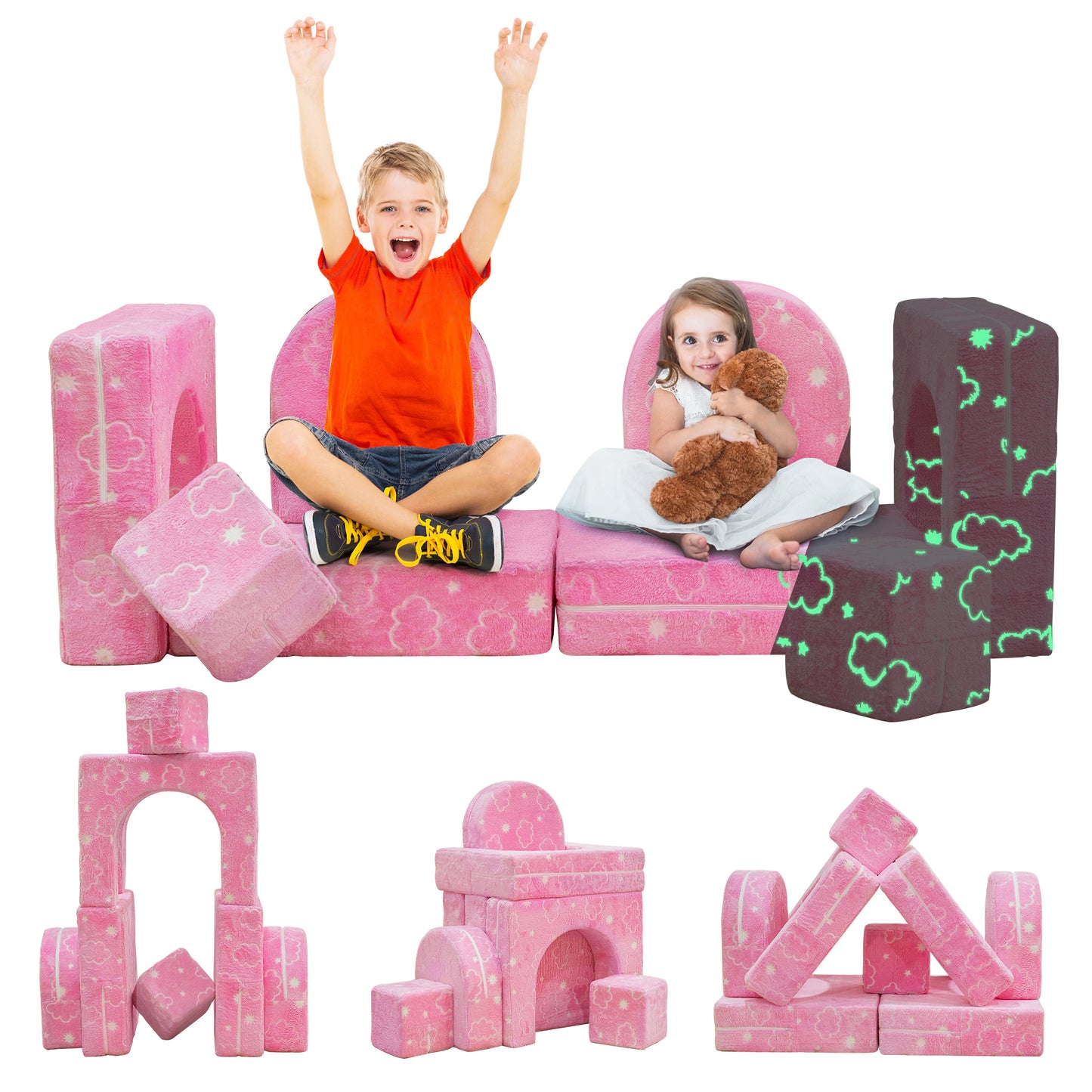 Baxluxe Modular Kids Play Couch, Kids Couch for Playroom Bedroom, Kids Couch Glow in The Dark, 5 Seconds Instant Expansion
