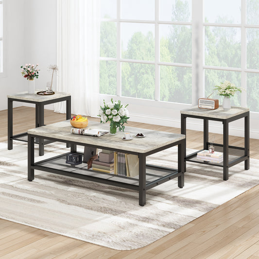 Baxluxe 3 Pieces Living Room Coffee Table Set, Retro Coffee Table with 2 Square End Tables, Tea Table Set with Metal Frame for Apartment Home Office