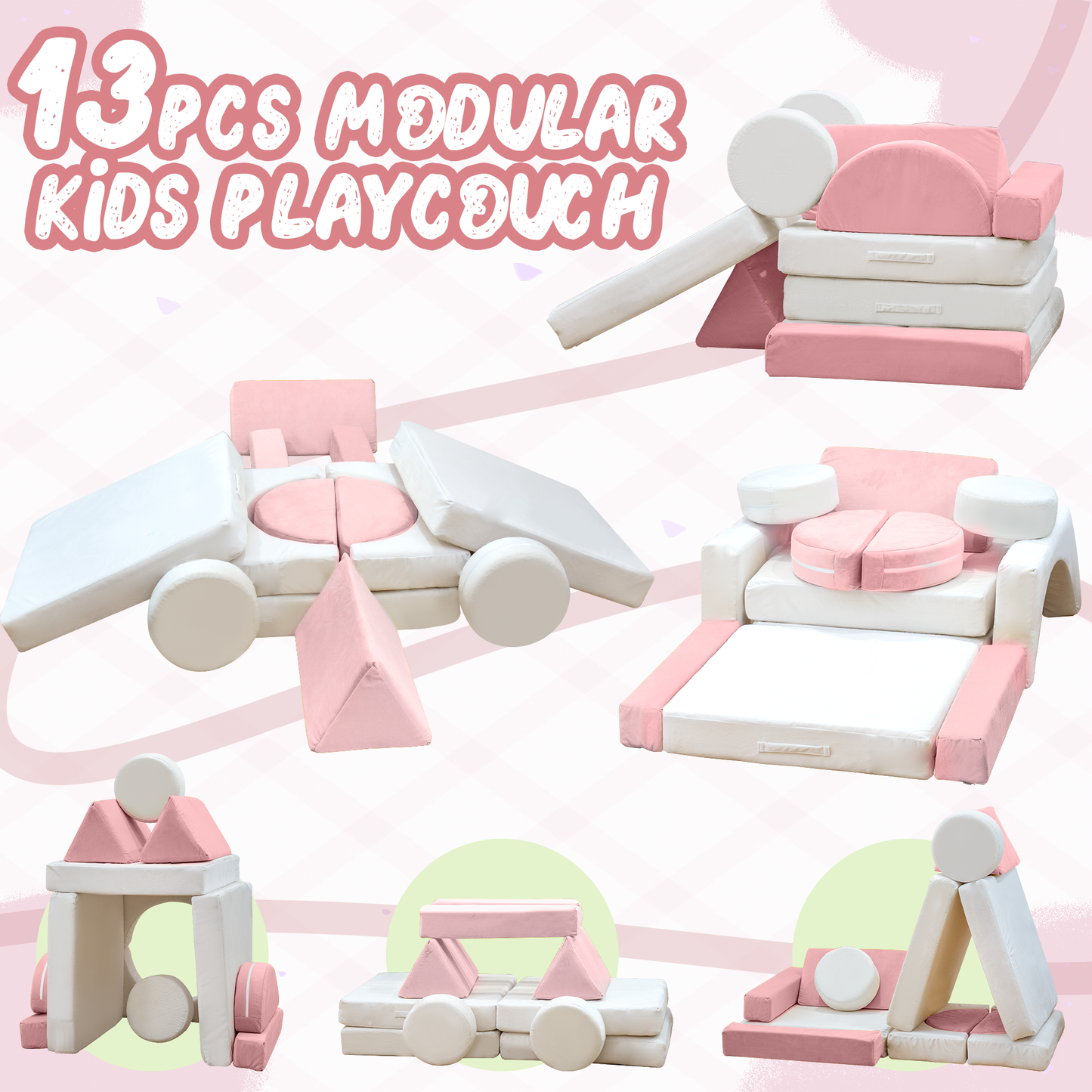 Baxluxe 13PCS Modular Kids Play Couch with Washable Velvet Cover, Modular Couch for Boys and Girls, Convertible Foam and Floor Cushion for Nursery Playroom