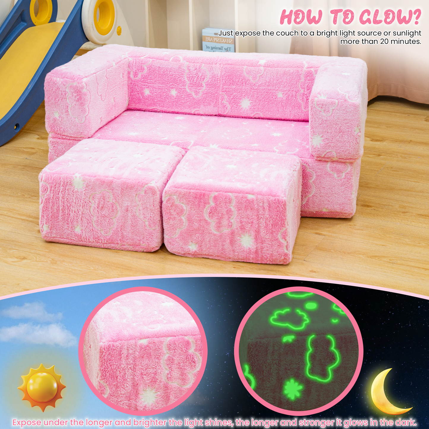 Baxluxe 4Pcs Modular Couch Kids Fort Glow in the Dark,Large Modular Couch Kids Glow in the Dark,Modular Kids Toddler Play Couch,Convertible Modular Couch Kids for Playroom