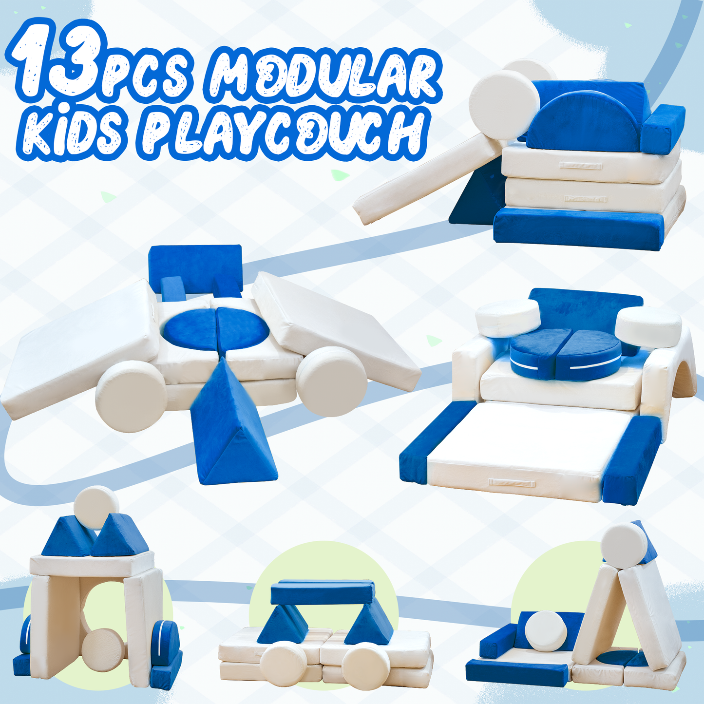 Baxluxe 13PCS Modular Kids Play Couch with Washable Velvet Cover, Modular Couch for Boys and Girls, Convertible Foam and Floor Cushion for Nursery Playroom