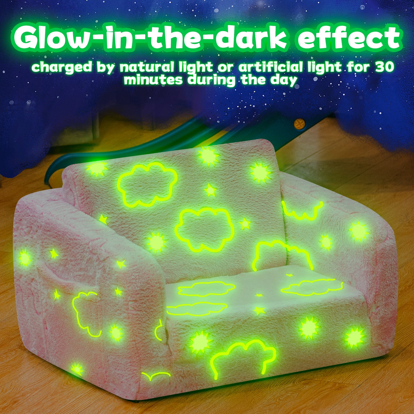 Baxluxe Modular Play Couch - Glow in the Dark Play Couch for Kids, Soft & Comfy, Adjustable Backrest, Suitable for Ages 3+ Years kid foam couch