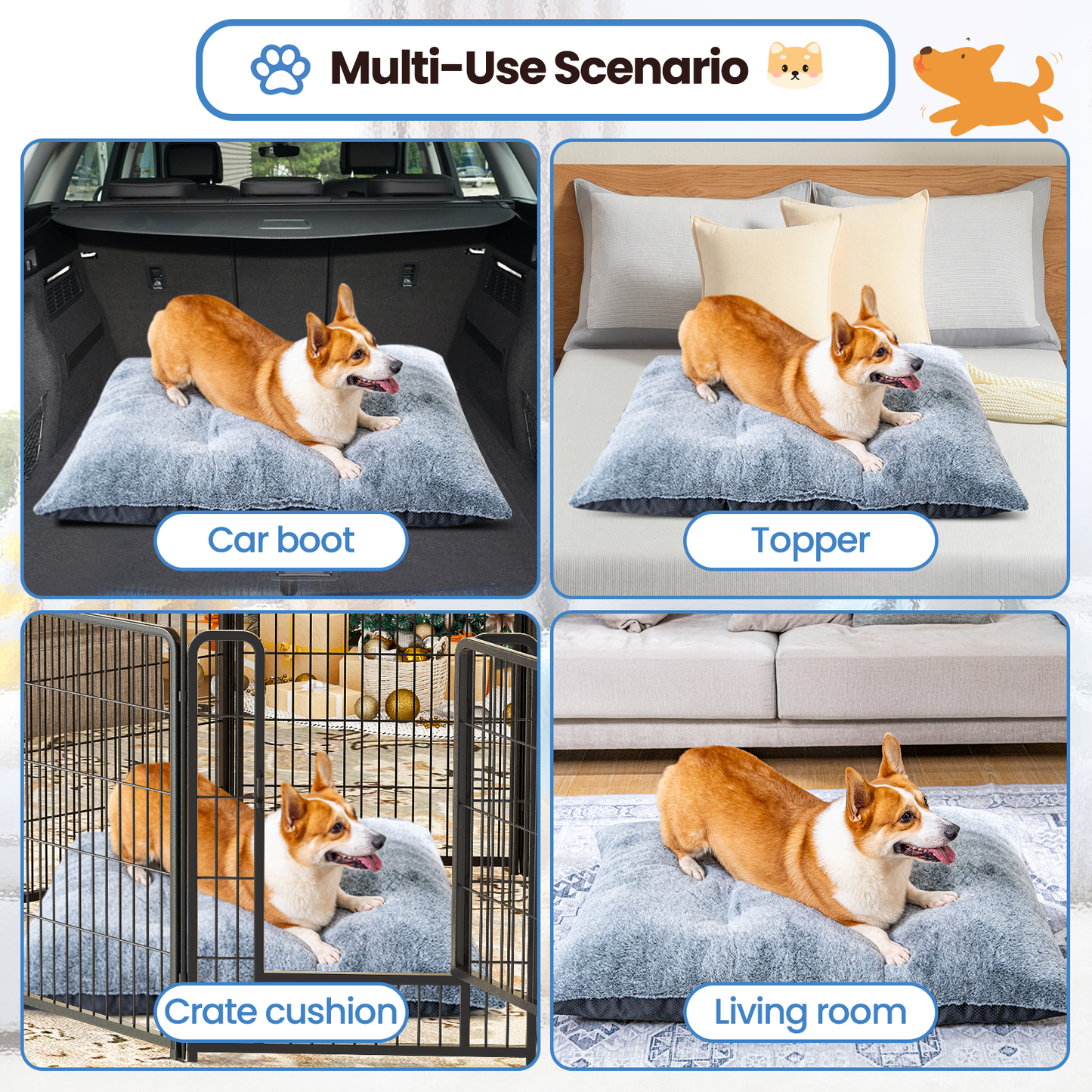 Baxluxe Deluxe Dog Ded for Large and Medium Dog, Soft Faux Fur Fabic Dog Crate Mat with High Density Foam, Dog Mattress with Anti-Slip Bottom, Grey