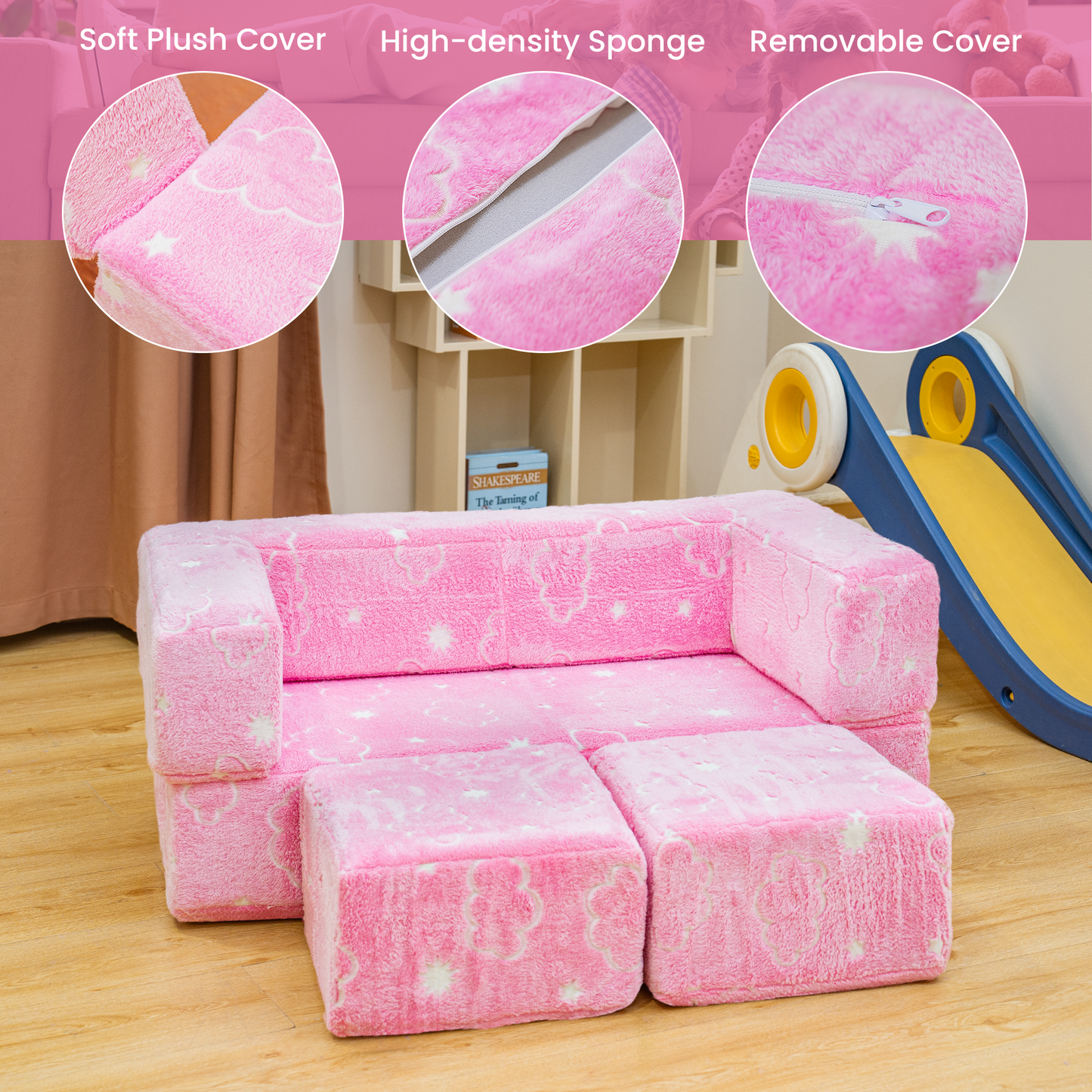 Baxluxe 4Pcs Modular Couch Kids Fort Glow in the Dark,Large Modular Couch Kids Glow in the Dark,Modular Kids Toddler Play Couch,Convertible Modular Couch Kids for Playroom