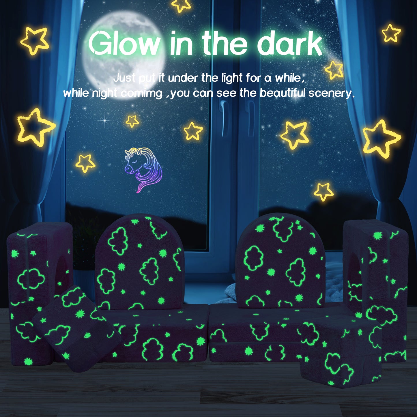 Baxluxe Modular Kids Play Couch, Kids Couch for Playroom Bedroom, Kids Couch Glow in The Dark, 5 Seconds Instant Expansion
