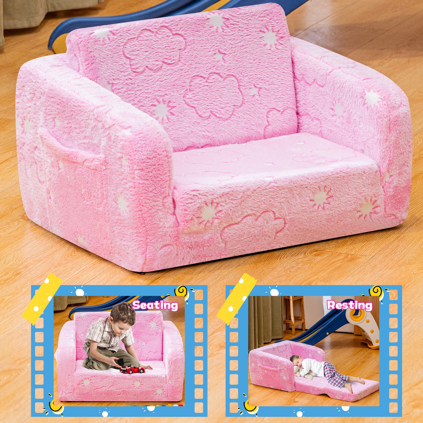 Baxluxe Modular Play Couch - Glow in the Dark Play Couch for Kids, Soft & Comfy, Adjustable Backrest, Suitable for Ages 3+ Years kid foam couch