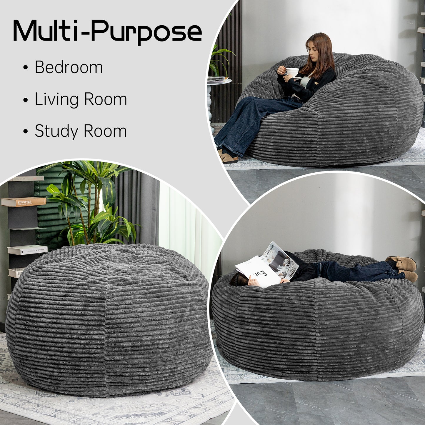 Baxluxe Large Bean Bag Chair for Adults, 6FT Giant Beanbag Chairs with Memory Foam Filled,Ultra Soft Lazy Sofa for Living Room Bedroom,Grey