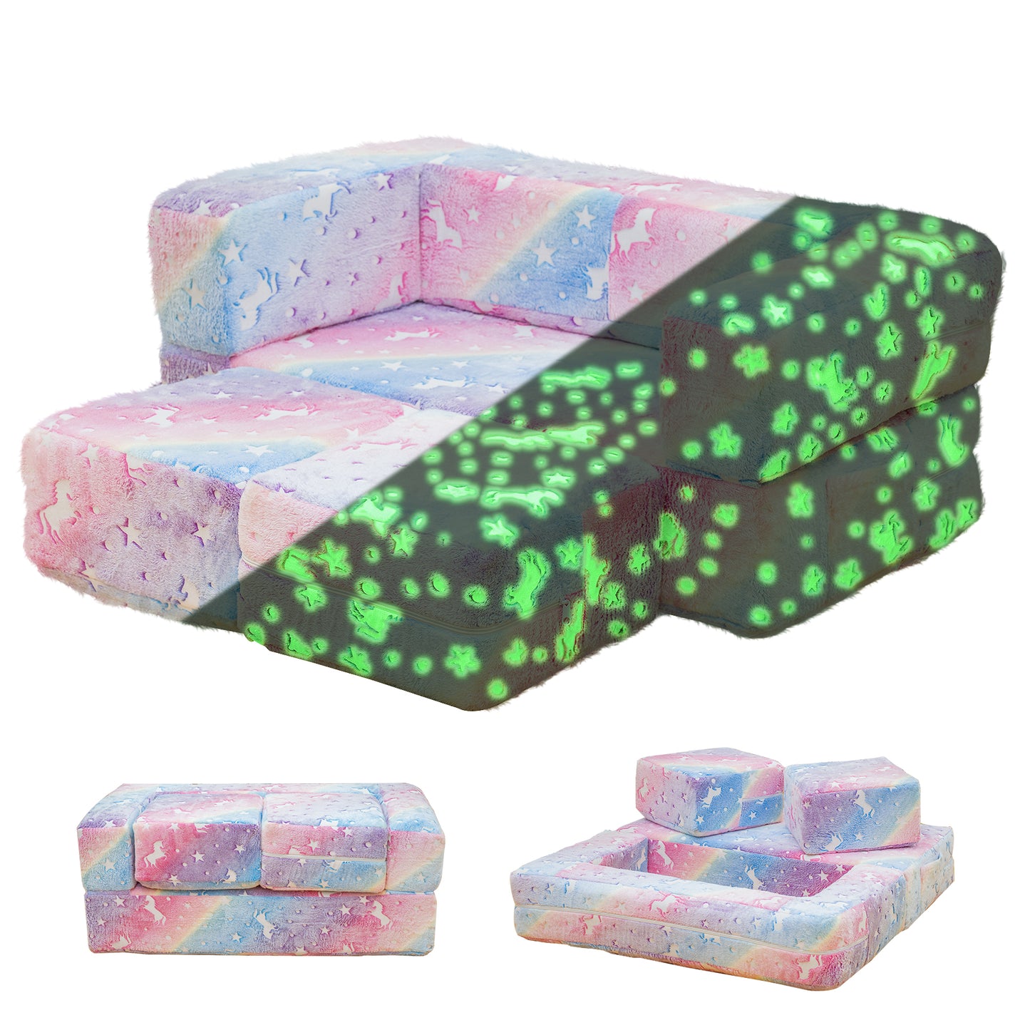Baxluxe 4Pcs Modular Couch Kids Fort Glow in the Dark,Large Modular Couch Kids Glow in the Dark,Modular Kids Toddler Play Couch,Convertible Modular Couch Kids for Playroom