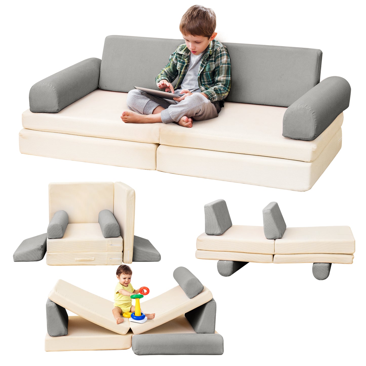 Baxluxe Modular Kids Play Couch, Kids Couch for Playroom, Kids Sofa Couch, 5 Seconds Instant Expansion, Corduroy Fabric