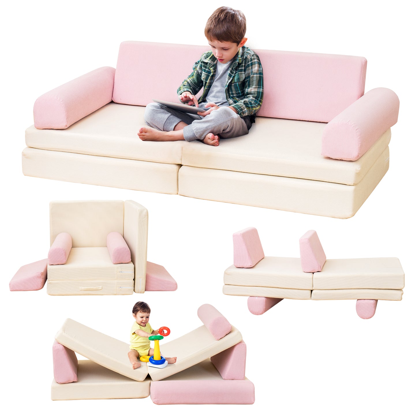 Baxluxe Modular Kids Play Couch, Kids Couch for Playroom, Kids Sofa Couch, 5 Seconds Instant Expansion, Corduroy Fabric