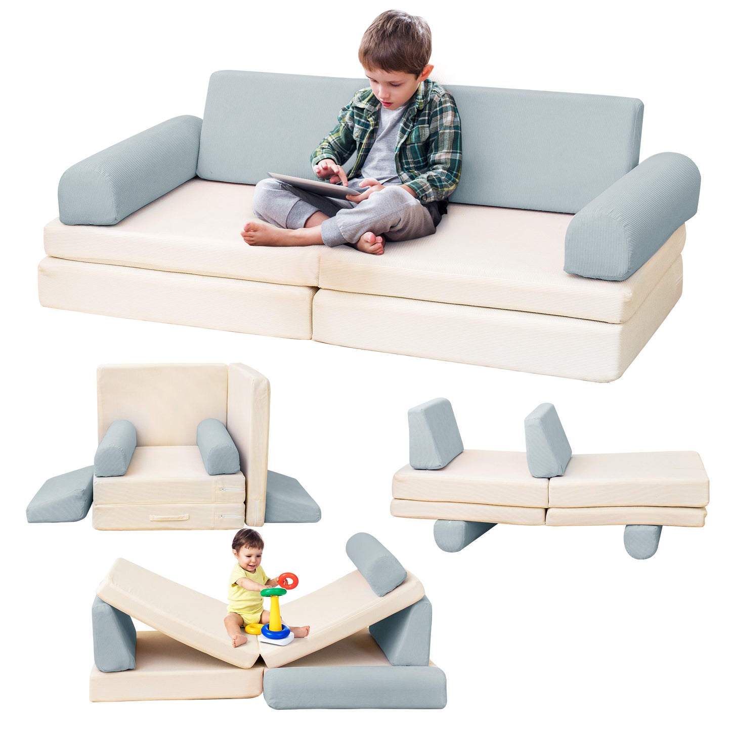 Baxluxe Modular Kids Play Couch, Kids Couch for Playroom, Kids Sofa Couch, 5 Seconds Instant Expansion, Corduroy Fabric