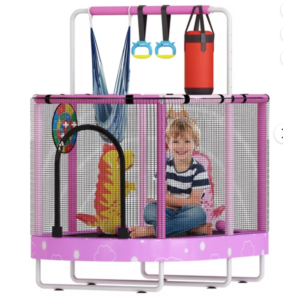 Baxluxe 60" Kids Trampoline 7-in-1, Elliptic Toddler Trampoline with Safety Enclosure Net