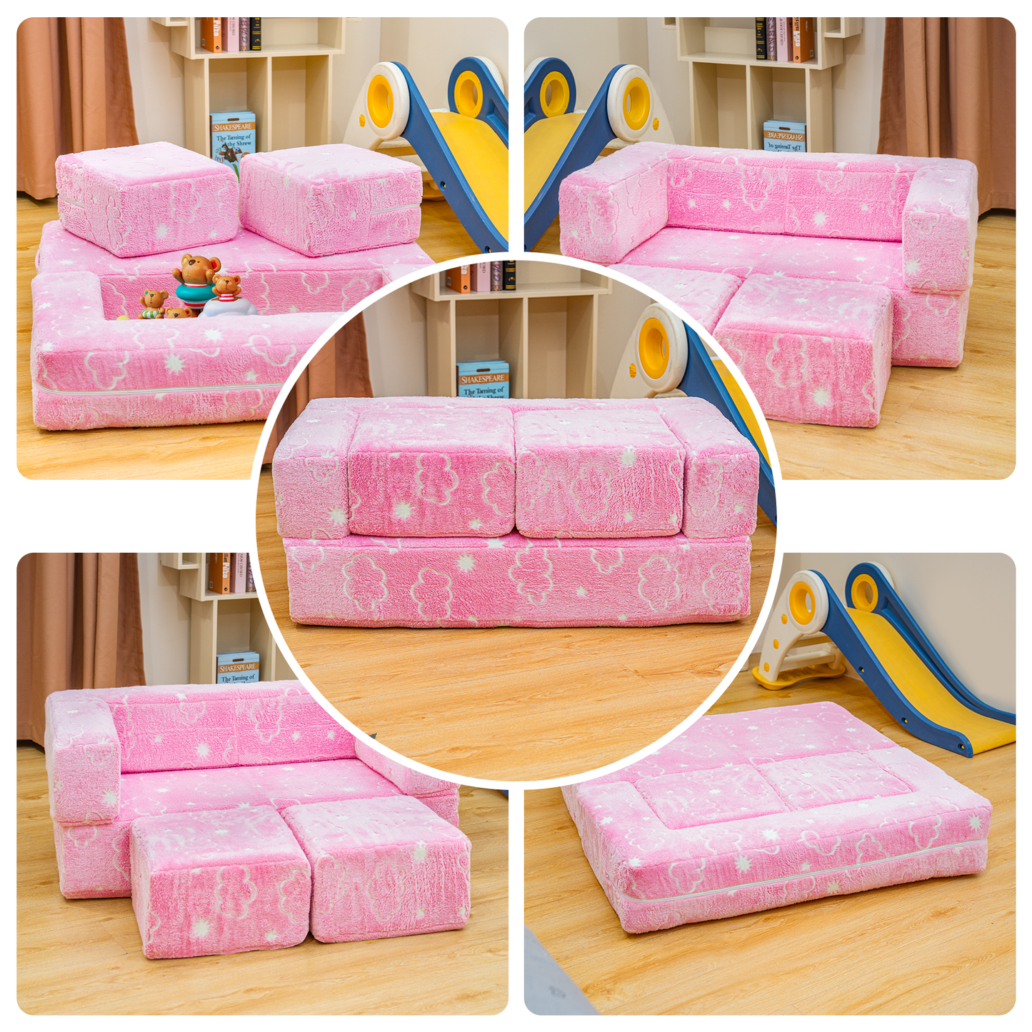 Baxluxe 4Pcs Modular Couch Kids Fort Glow in the Dark,Large Modular Couch Kids Glow in the Dark,Modular Kids Toddler Play Couch,Convertible Modular Couch Kids for Playroom