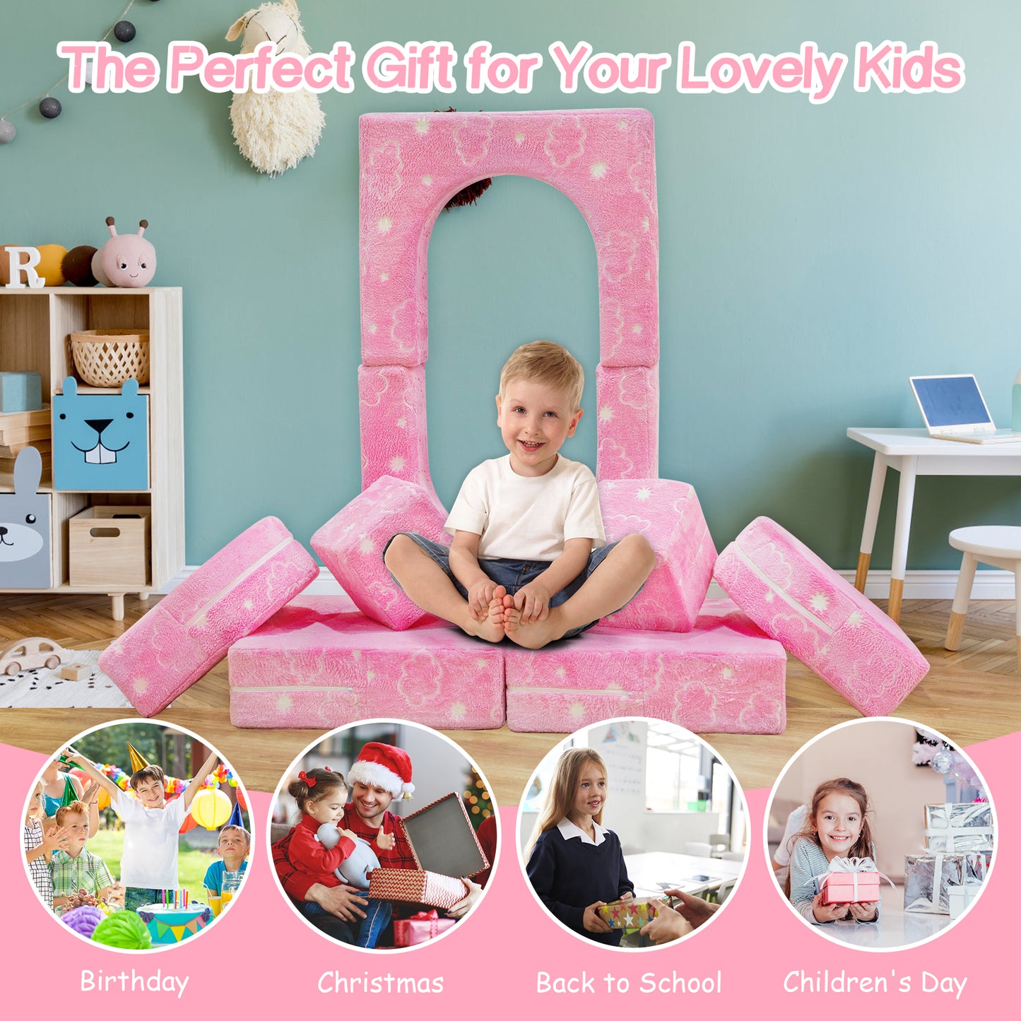 Baxluxe Modular Kids Play Couch, Kids Couch for Playroom Bedroom, Kids Couch Glow in The Dark, 5 Seconds Instant Expansion