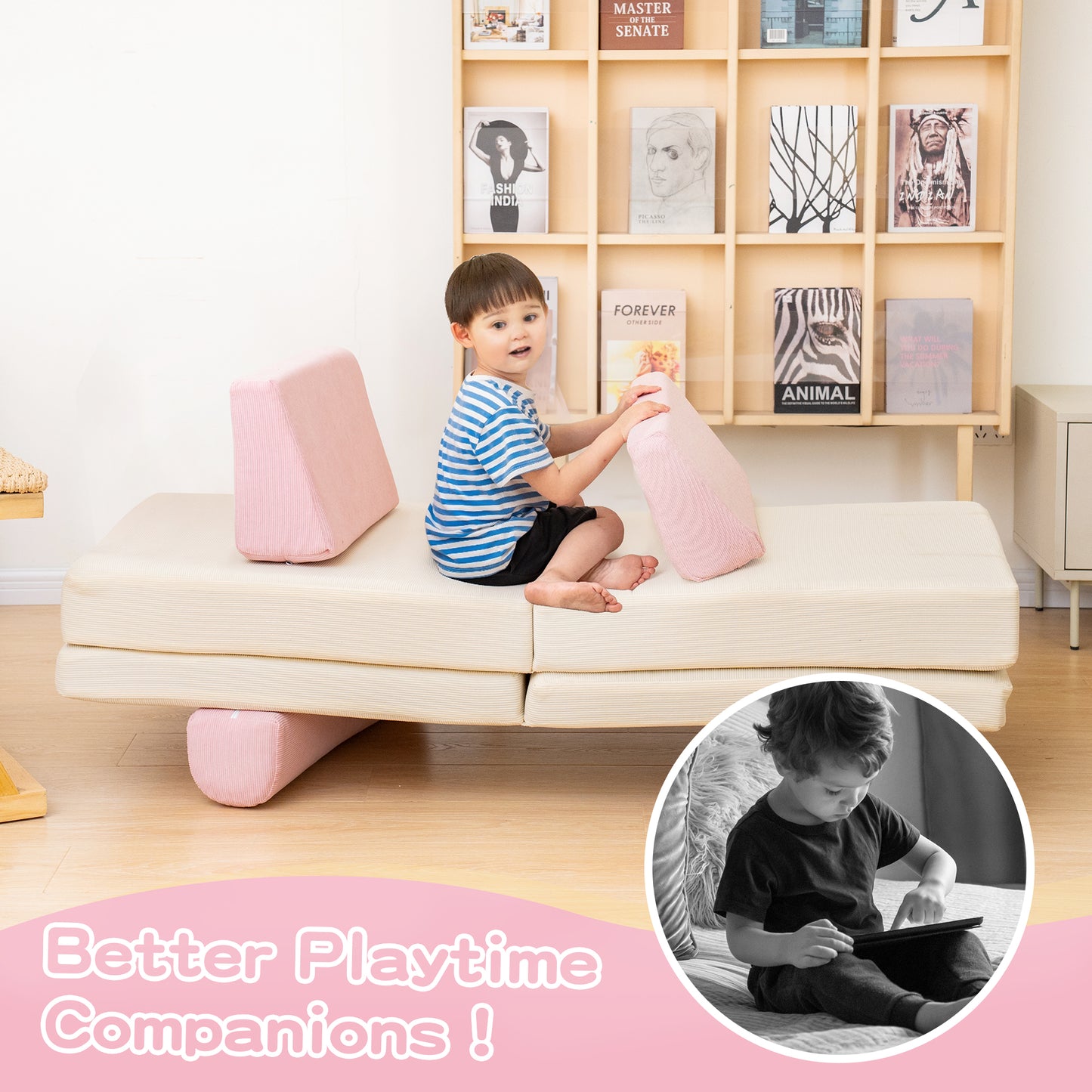 Baxluxe Modular Kids Play Couch, Kids Couch for Playroom, Kids Sofa Couch, 5 Seconds Instant Expansion, Corduroy Fabric