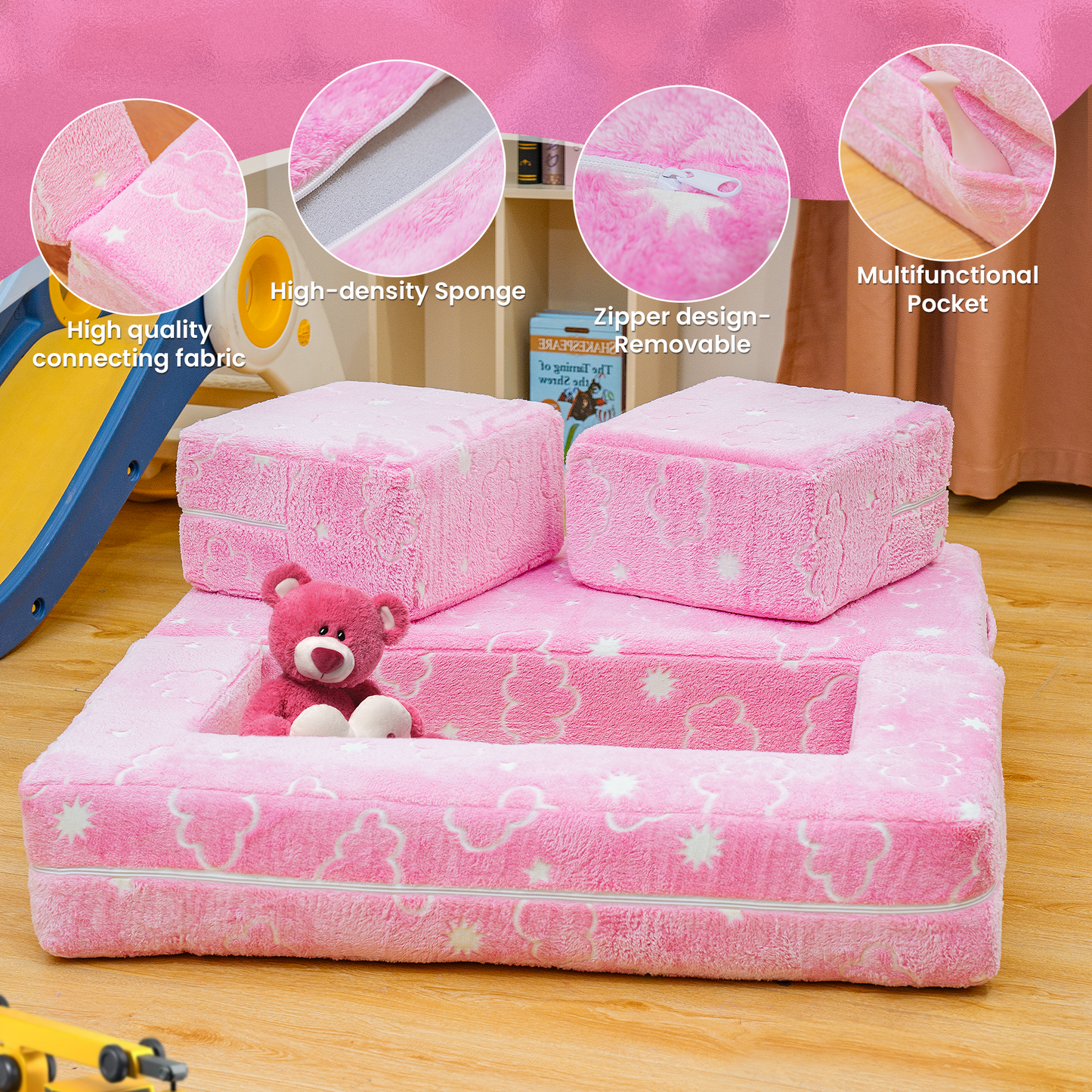 Baxluxe 4Pcs Modular Couch Kids Fort Glow in the Dark,Large Modular Couch Kids Glow in the Dark,Modular Kids Toddler Play Couch,Convertible Modular Couch Kids for Playroom
