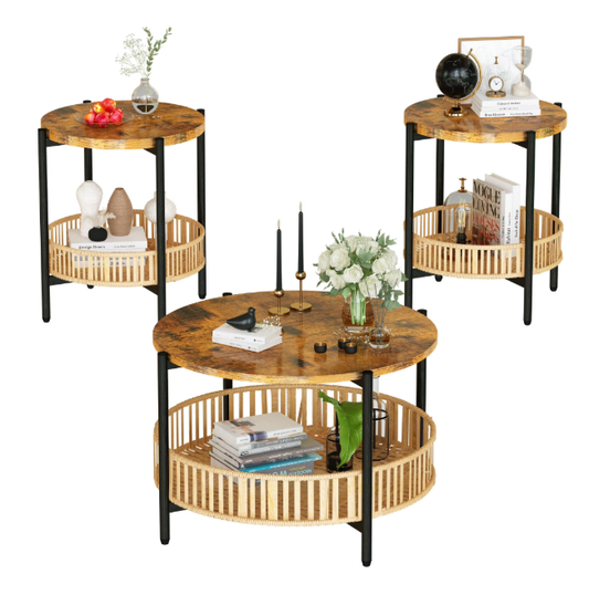 Furlinkhm 3-Piece Coffee Table Set with Rattan Storage