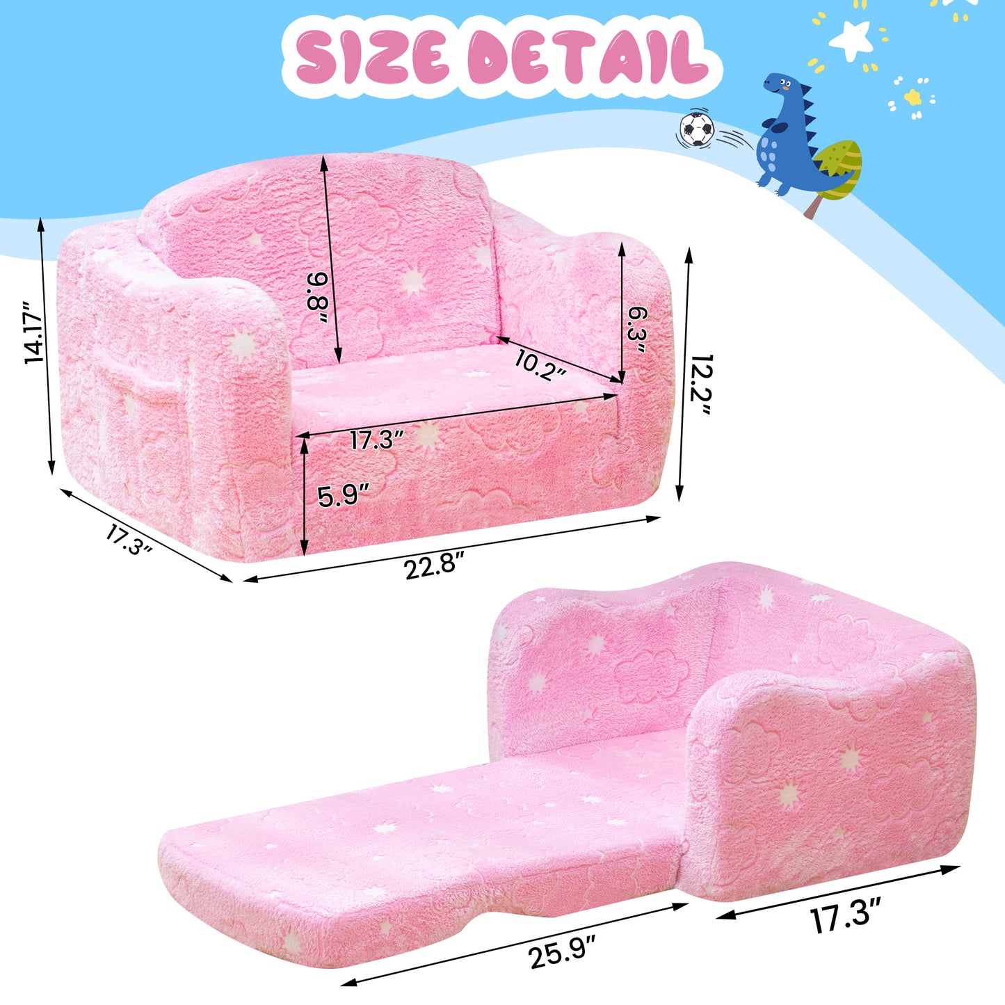 Baxluxe Modular Play Couch for Kids 3+ Years Old, Glow in The Dark Play Couch, Fold Out Couch for Kids, Convertible Kids Fold Out Play Foam and Floor Cushion for Bedroom and Playroom