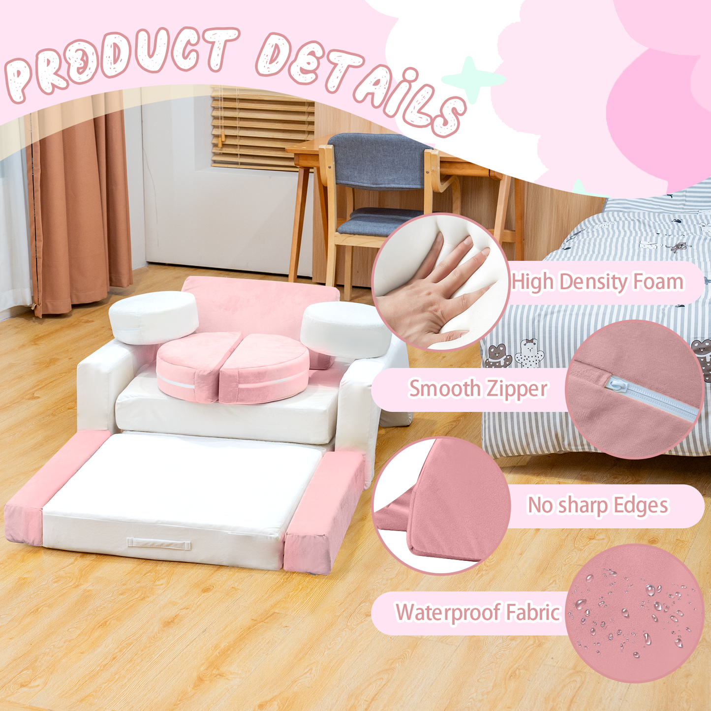 Baxluxe 13PCS Modular Kids Play Couch with Washable Velvet Cover, Modular Couch for Boys and Girls, Convertible Foam and Floor Cushion for Nursery Playroom