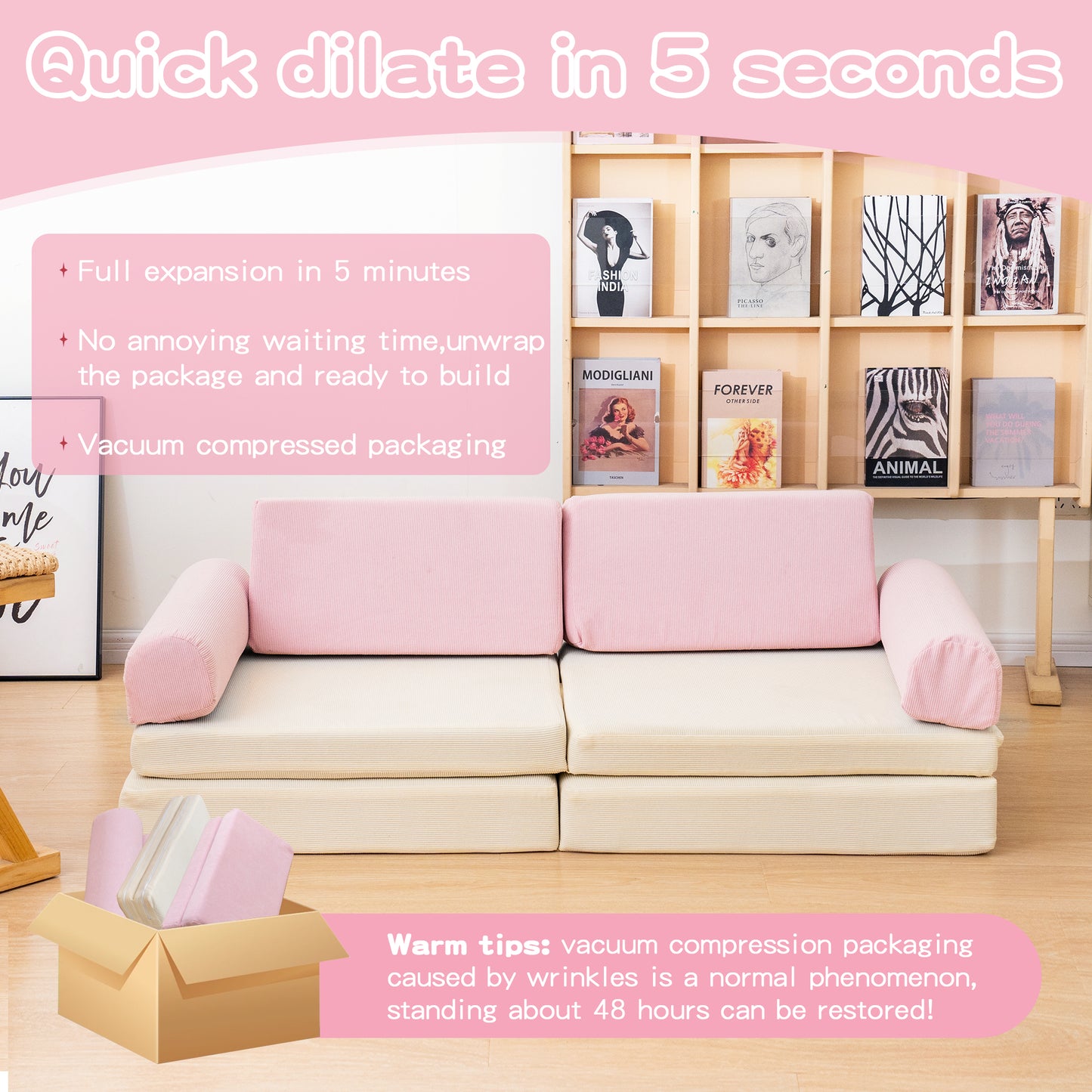 Baxluxe Modular Kids Play Couch, Kids Couch for Playroom, Kids Sofa Couch, 5 Seconds Instant Expansion, Corduroy Fabric