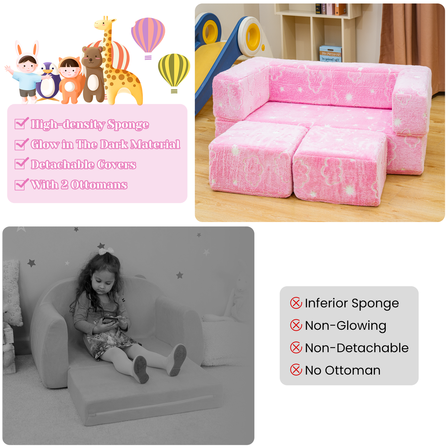 Baxluxe 4Pcs Modular Couch Kids Fort Glow in the Dark,Large Modular Couch Kids Glow in the Dark,Modular Kids Toddler Play Couch,Convertible Modular Couch Kids for Playroom