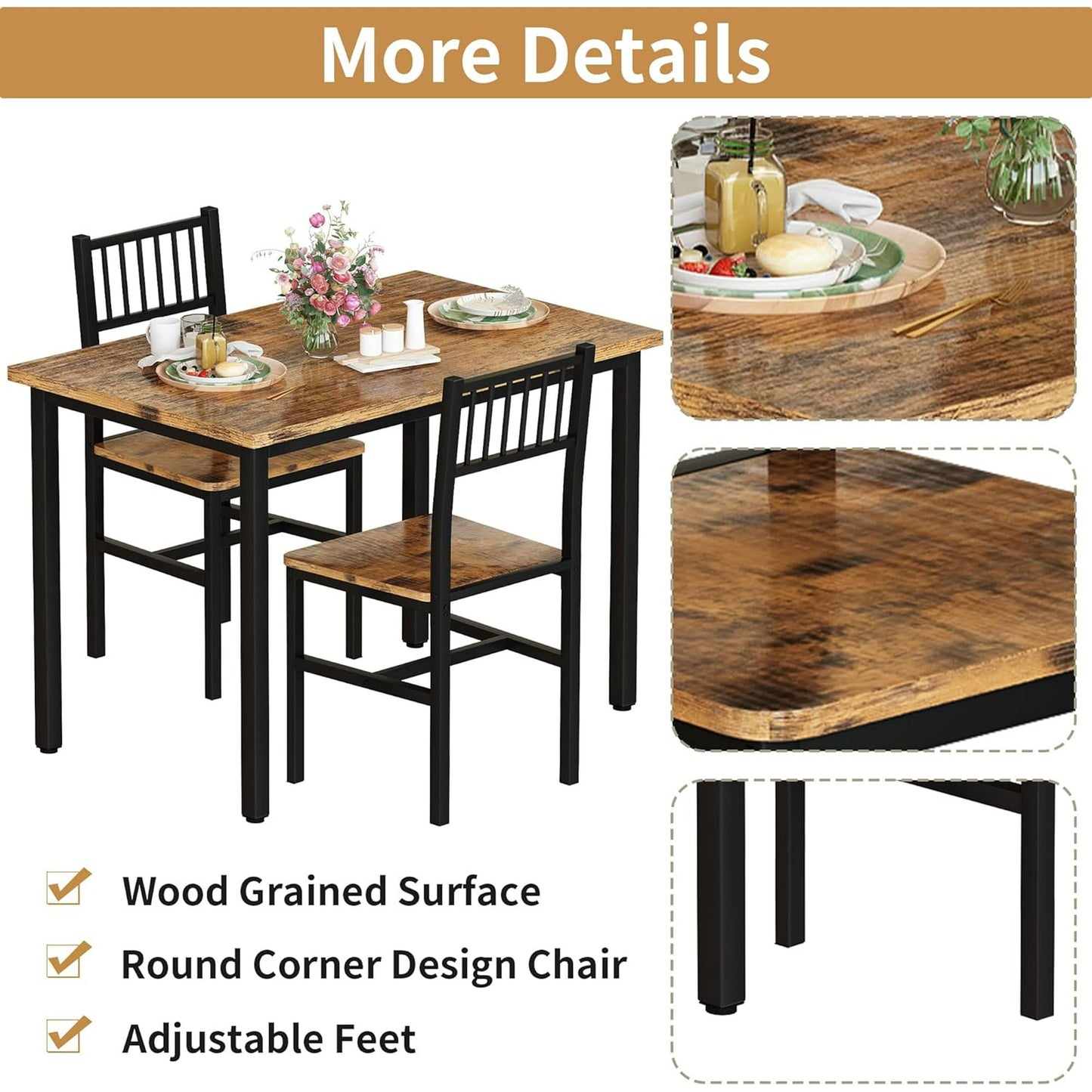 Baxluxe Dining Table Set, Rustic Kitchen Table and 2 Chairs with Metal Frame, Dining Room Dining Table Set, Small Space Breakfast Dining Table Set, Dining Room, Kitchen, Rustic Brown