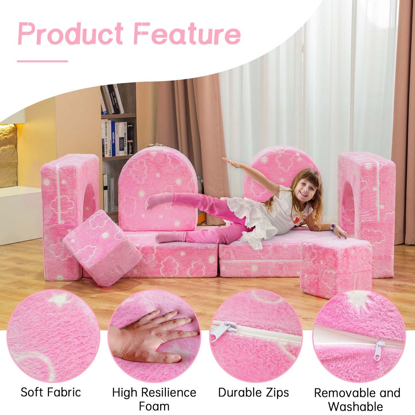 Baxluxe Modular Kids Play Couch, Kids Couch for Playroom Bedroom, Kids Couch Glow in The Dark, 5 Seconds Instant Expansion