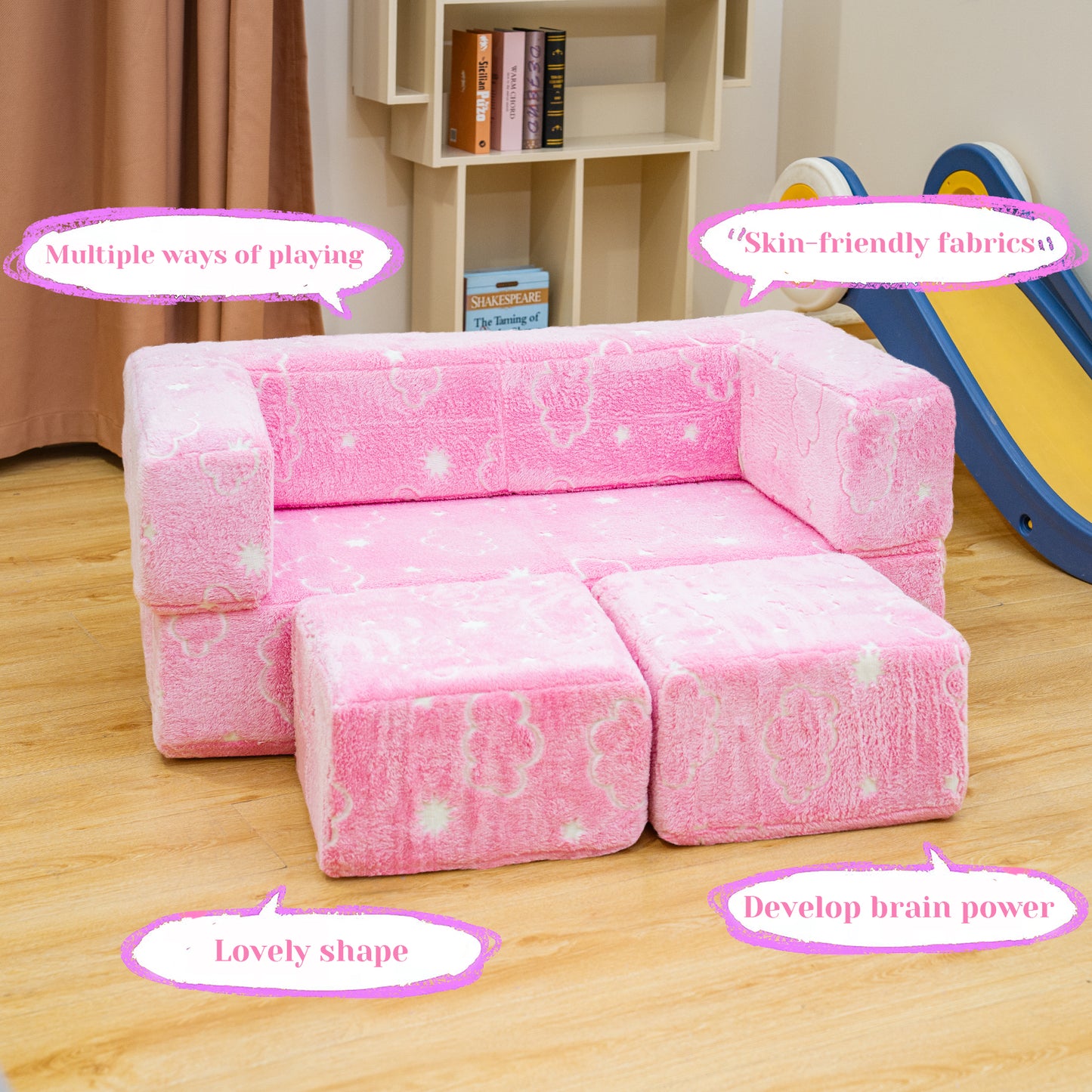 Baxluxe 4Pcs Modular Couch Kids Fort Glow in the Dark,Large Modular Couch Kids Glow in the Dark,Modular Kids Toddler Play Couch,Convertible Modular Couch Kids for Playroom