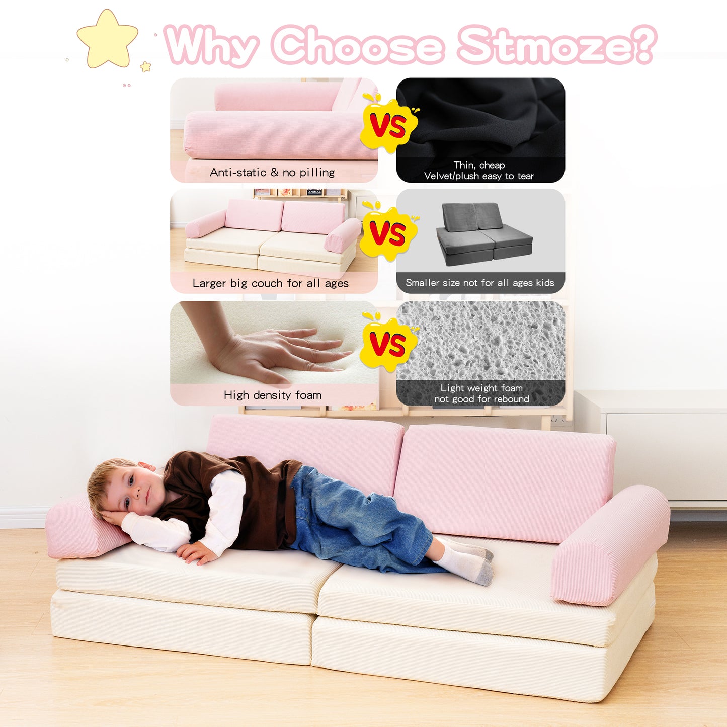 Baxluxe Modular Kids Play Couch, Kids Couch for Playroom, Kids Sofa Couch, 5 Seconds Instant Expansion, Corduroy Fabric