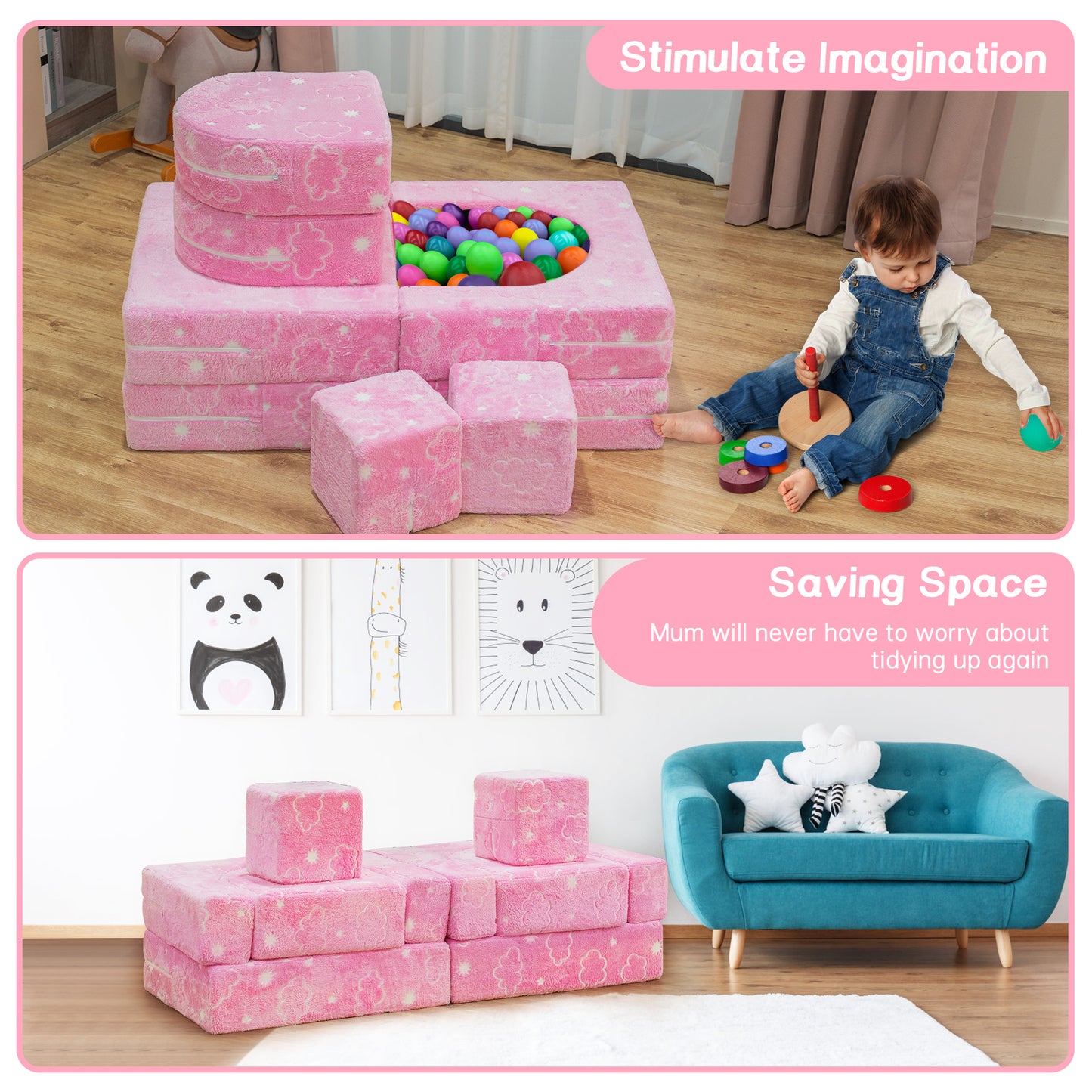 Baxluxe Modular Kids Play Couch, Kids Couch for Playroom Bedroom, Kids Couch Glow in The Dark, 5 Seconds Instant Expansion