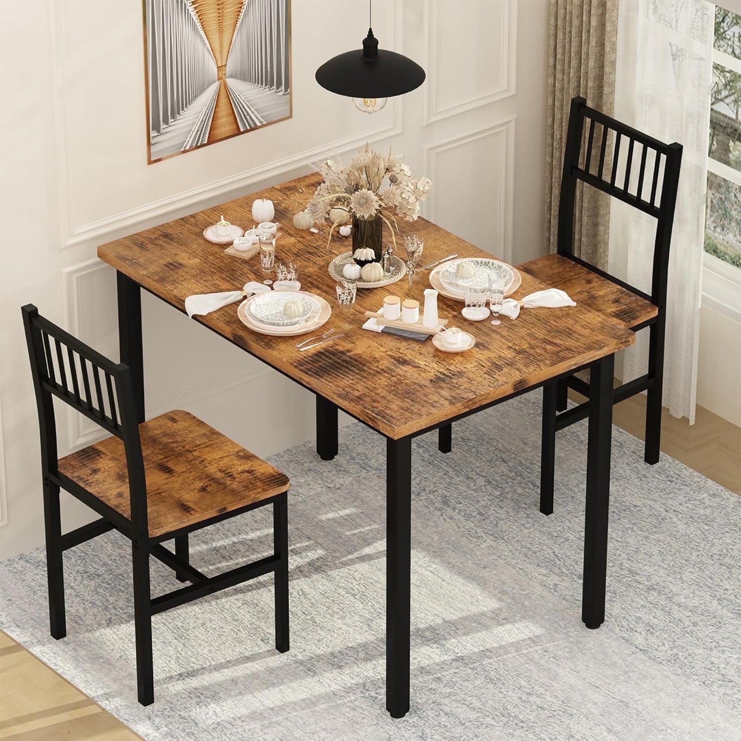 Baxluxe Dining Table Set, Rustic Kitchen Table and 2 Chairs with Metal Frame, Dining Room Dining Table Set, Small Space Breakfast Dining Table Set, Dining Room, Kitchen, Rustic Brown
