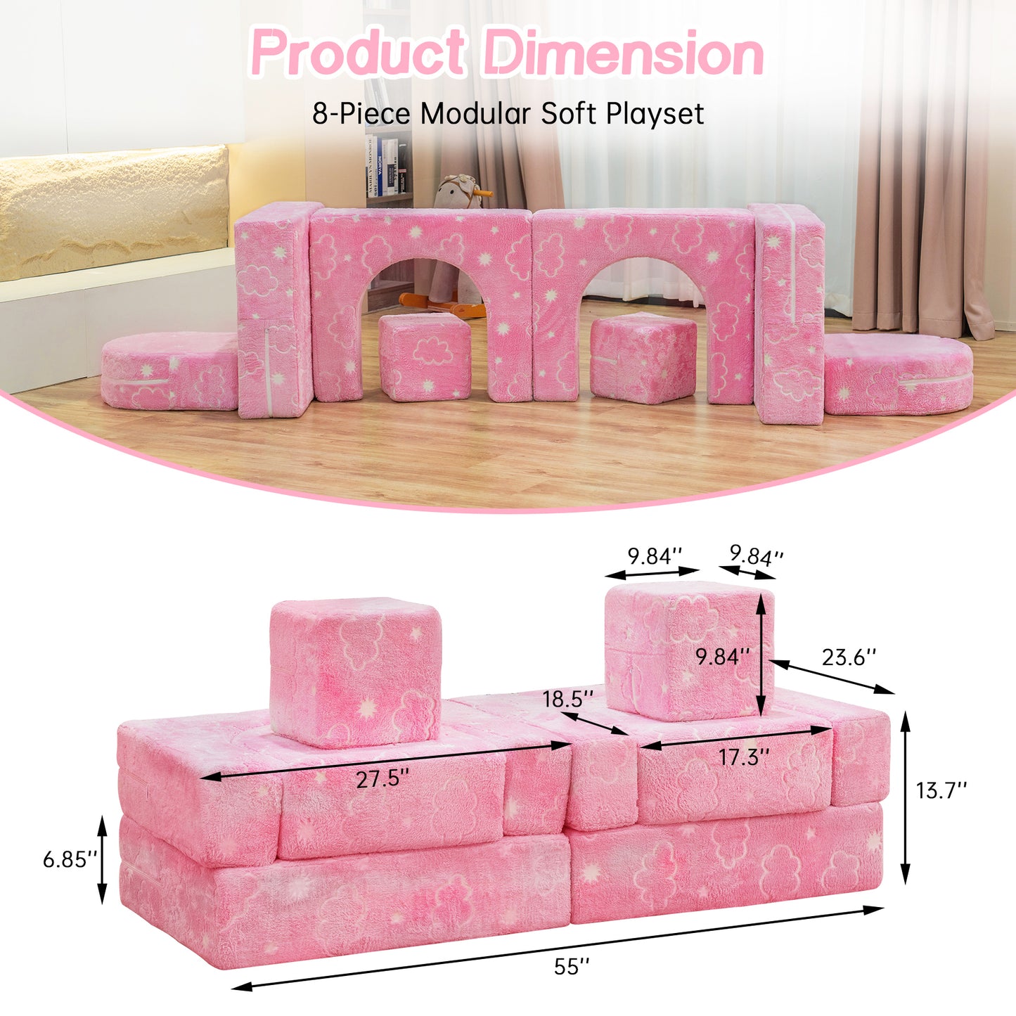 Baxluxe Modular Kids Play Couch, Kids Couch for Playroom Bedroom, Kids Couch Glow in The Dark, 5 Seconds Instant Expansion
