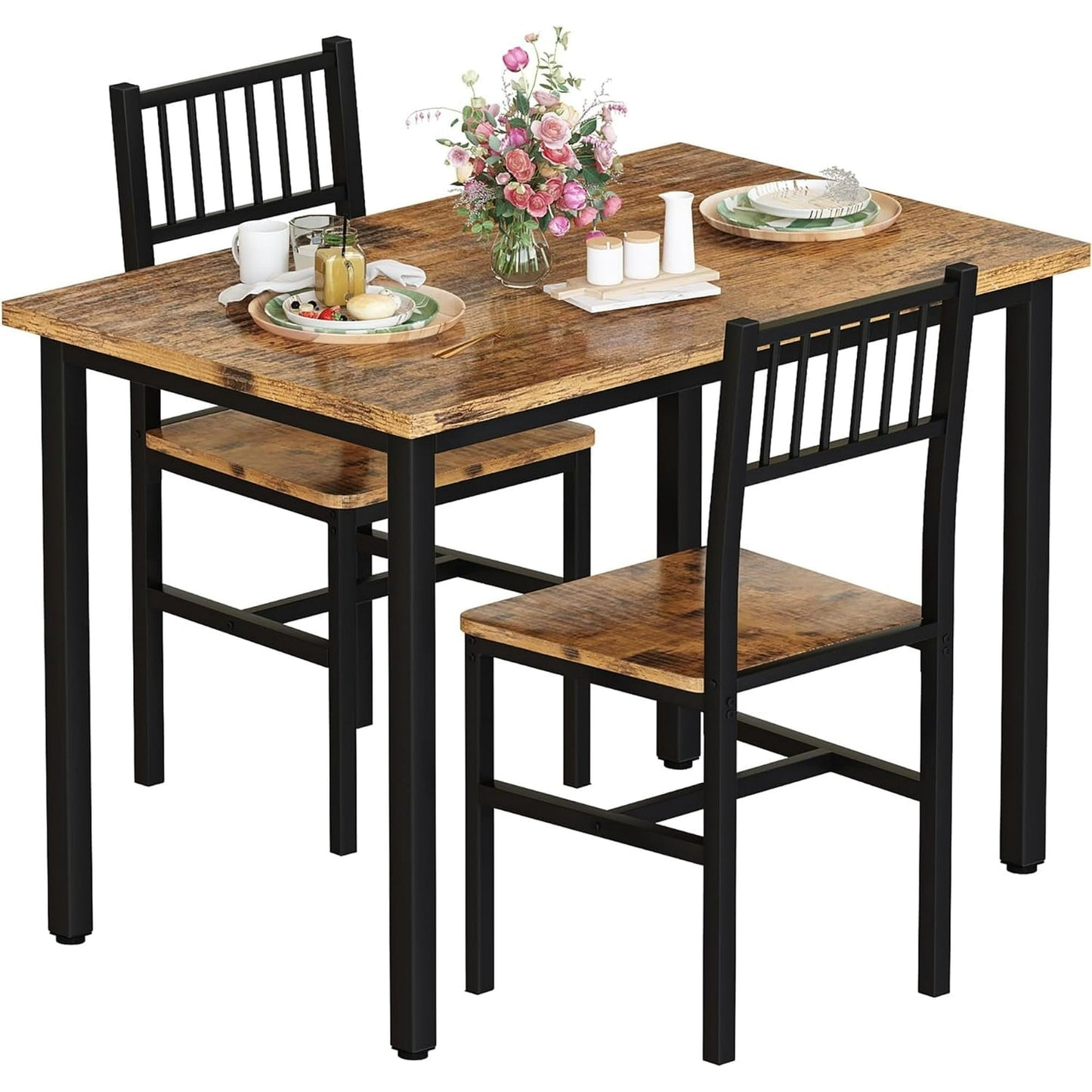 Baxluxe Dining Table Set, Rustic Kitchen Table and 2 Chairs with Metal Frame, Dining Room Dining Table Set, Small Space Breakfast Dining Table Set, Dining Room, Kitchen, Rustic Brown