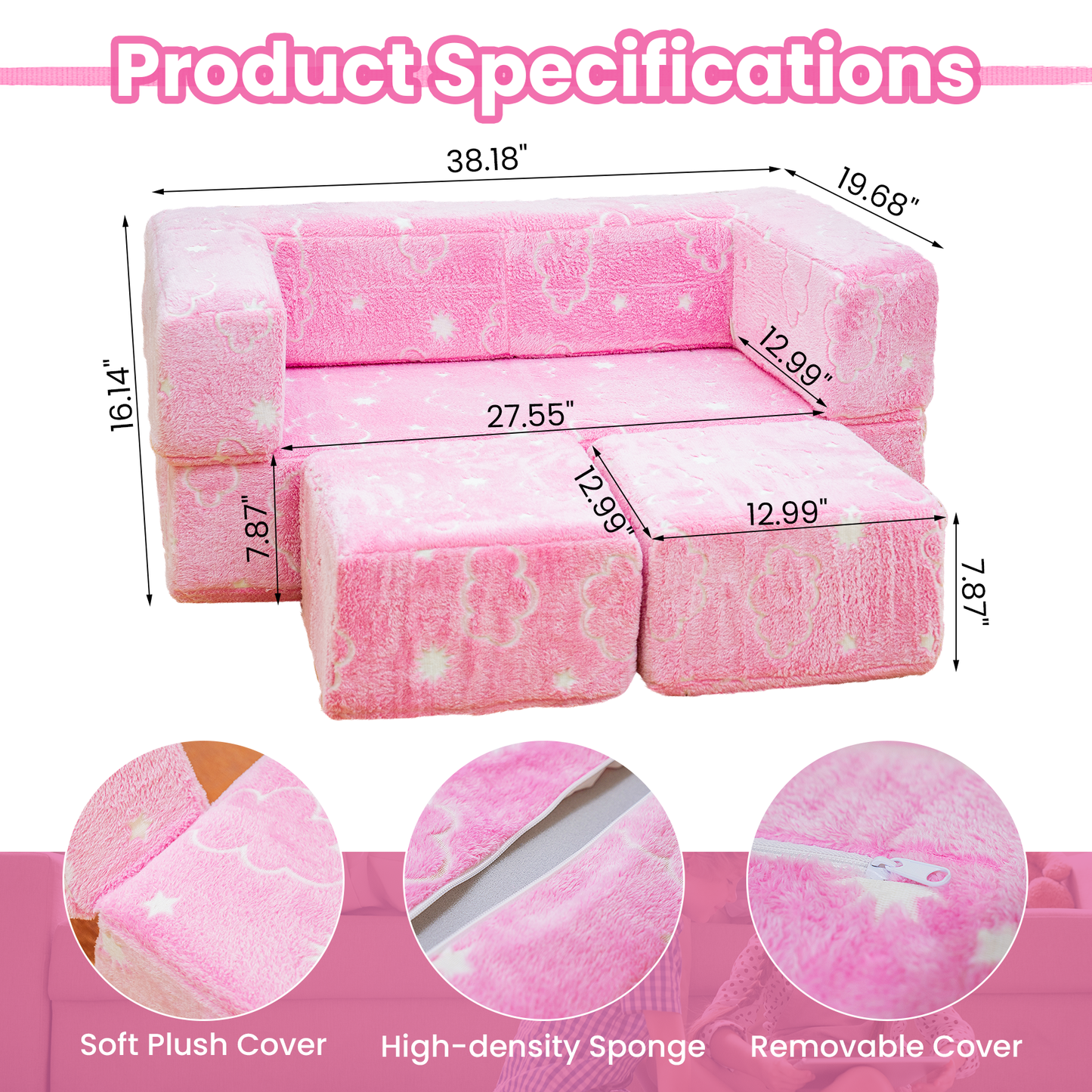 Baxluxe 4Pcs Modular Couch Kids Fort Glow in the Dark,Large Modular Couch Kids Glow in the Dark,Modular Kids Toddler Play Couch,Convertible Modular Couch Kids for Playroom