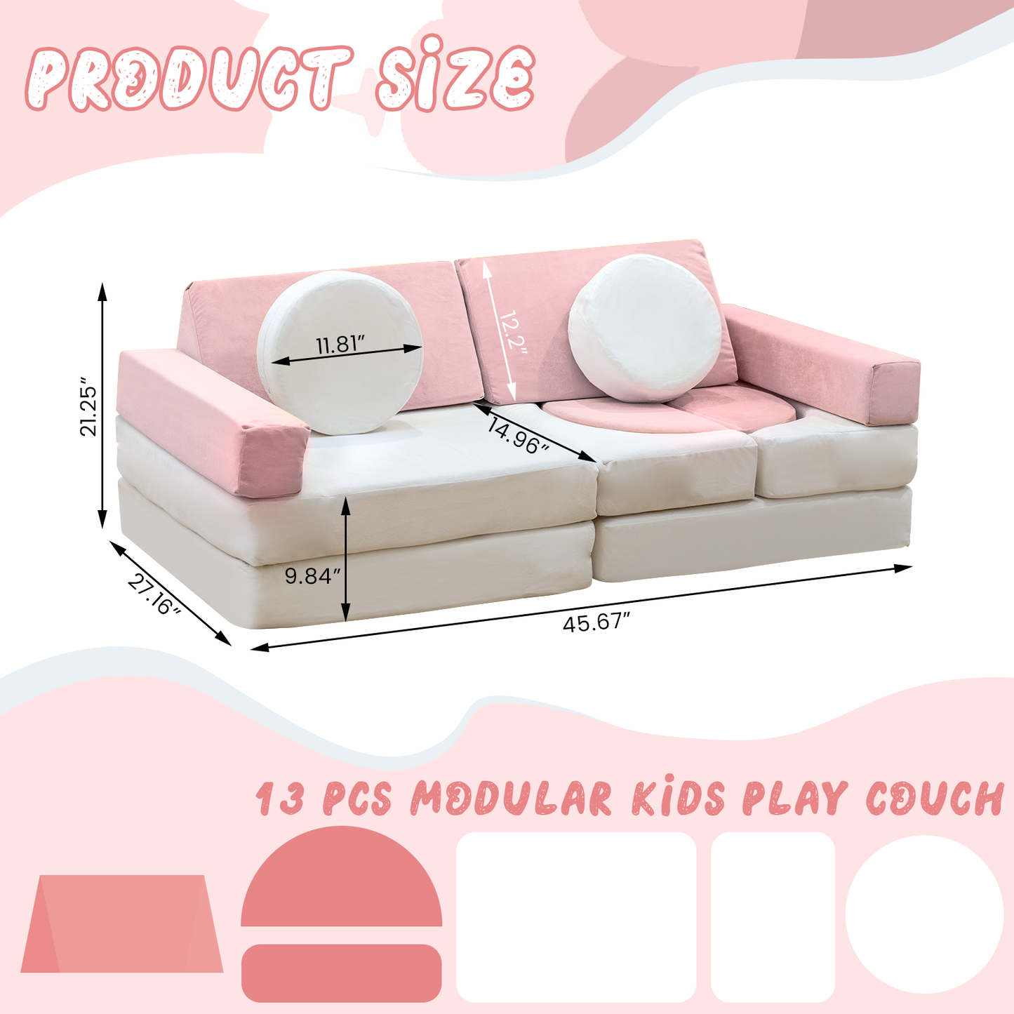 Baxluxe 13PCS Modular Kids Play Couch with Washable Velvet Cover, Modular Couch for Boys and Girls, Convertible Foam and Floor Cushion for Nursery Playroom