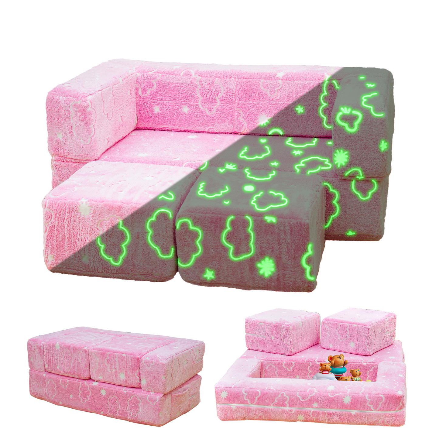 Baxluxe 4Pcs Modular Couch Kids Fort Glow in the Dark,Large Modular Couch Kids Glow in the Dark,Modular Kids Toddler Play Couch,Convertible Modular Couch Kids for Playroom
