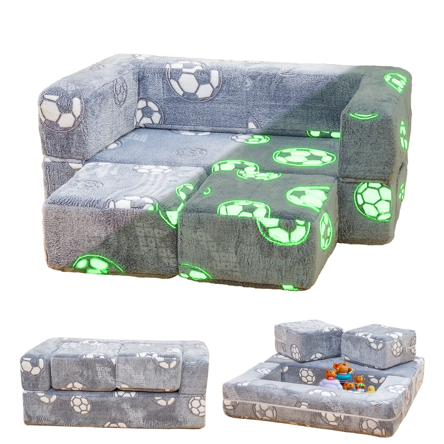 Baxluxe 4Pcs Modular Couch Kids Fort Glow in the Dark,Large Modular Couch Kids Glow in the Dark,Modular Kids Toddler Play Couch,Convertible Modular Couch Kids for Playroom