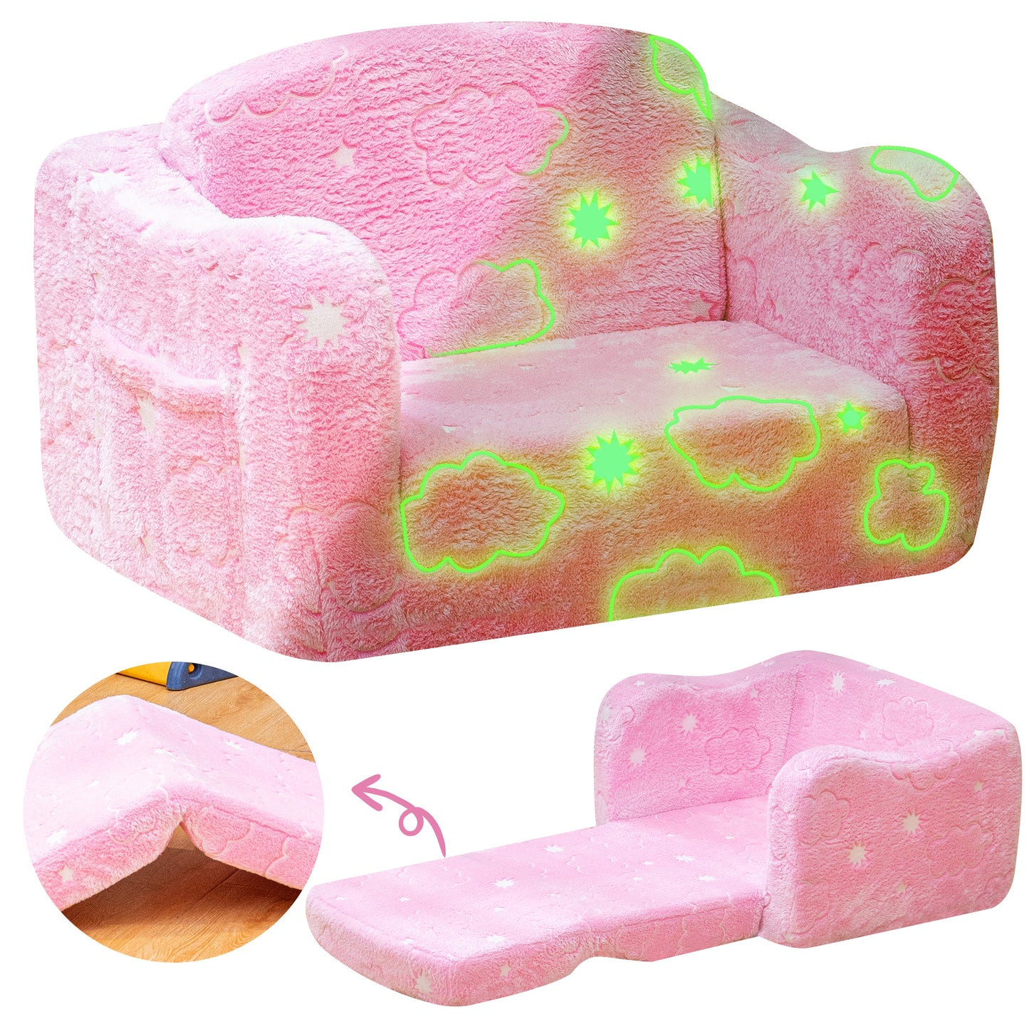 Baxluxe Modular Play Couch for Kids 3+ Years Old, Glow in The Dark Play Couch, Fold Out Couch for Kids, Convertible Kids Fold Out Play Foam and Floor Cushion for Bedroom and Playroom