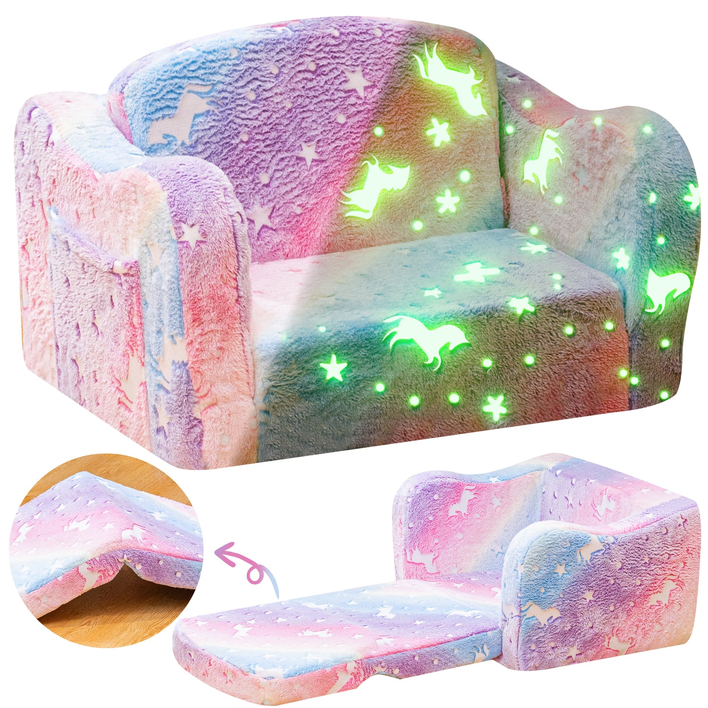Baxluxe Modular Play Couch for Kids 3+ Years Old, Glow in The Dark Play Couch, Fold Out Couch for Kids, Convertible Kids Fold Out Play Foam and Floor Cushion for Bedroom and Playroom