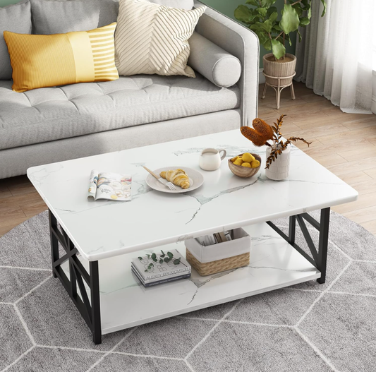 Baxluxe Faux Marble Coffee Table with Storage Shelves, 2-Tier Storage Rectangular Living Room Center Table, Metal Base Sturdy Modern Coffee Tea Table for Living Room, Apartment, Office, White