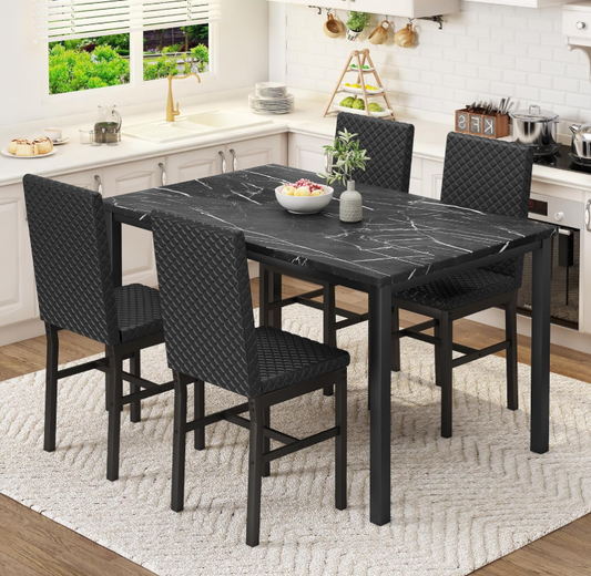 Baxluxe 5-Piece Glass 4 PU Leather Chairs Dining Table Set