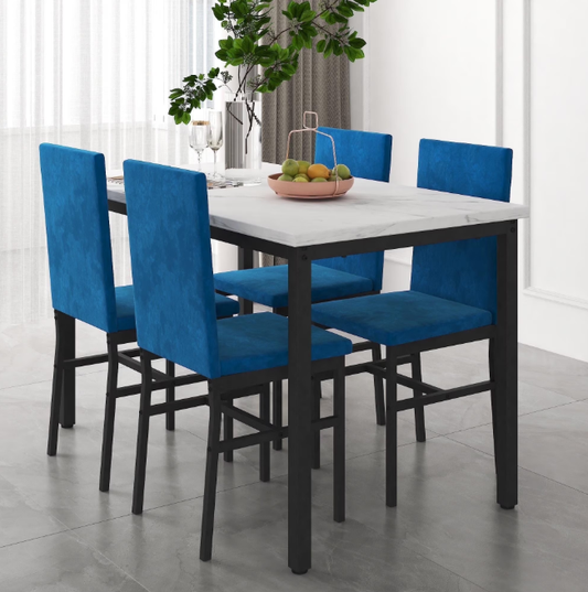 Baxluxe 5 Piece Dining Table Set, Kitchen Table and Chairs Set for 4 with Faux Marble and 4 Velvet Upholstered Dining Chairs for Home, Restaurant, White & Blue